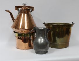 A lot of miscellaneous items, including a pewter lid jug and copper aker, includ