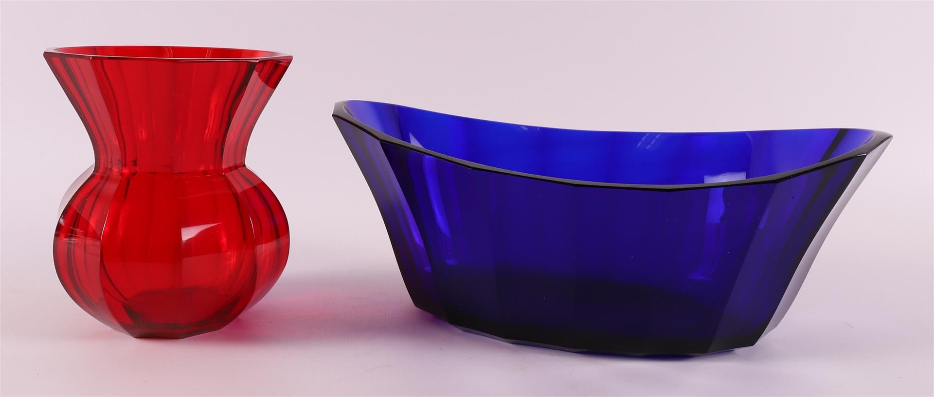 A blue glass faceted Art Deco boat-shaped bowl, Moser, ca. 1930