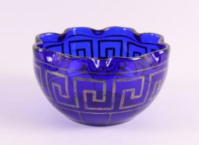 A blue glass Art Deco bowl with silver decor, Czech Republic/Germany Bohemia