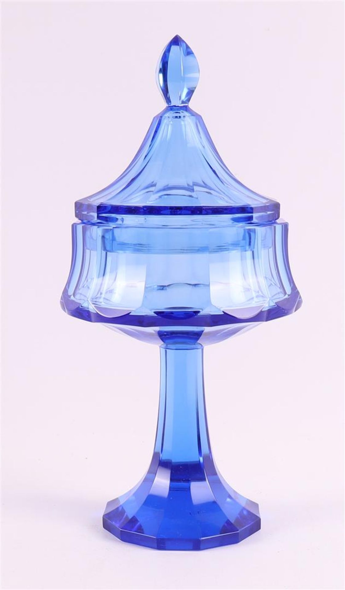 A blue glass faceted Art Deco lidded coupe on a high foot, Moser Karlsbad