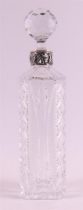 A clear crystal square whiskey decanter with silver collar, 20th century