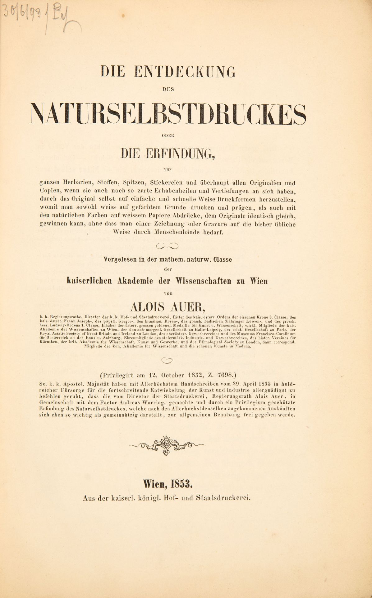 A. Auer, Die Entdeckung des Naturselbstdruckes. Wien 1853.