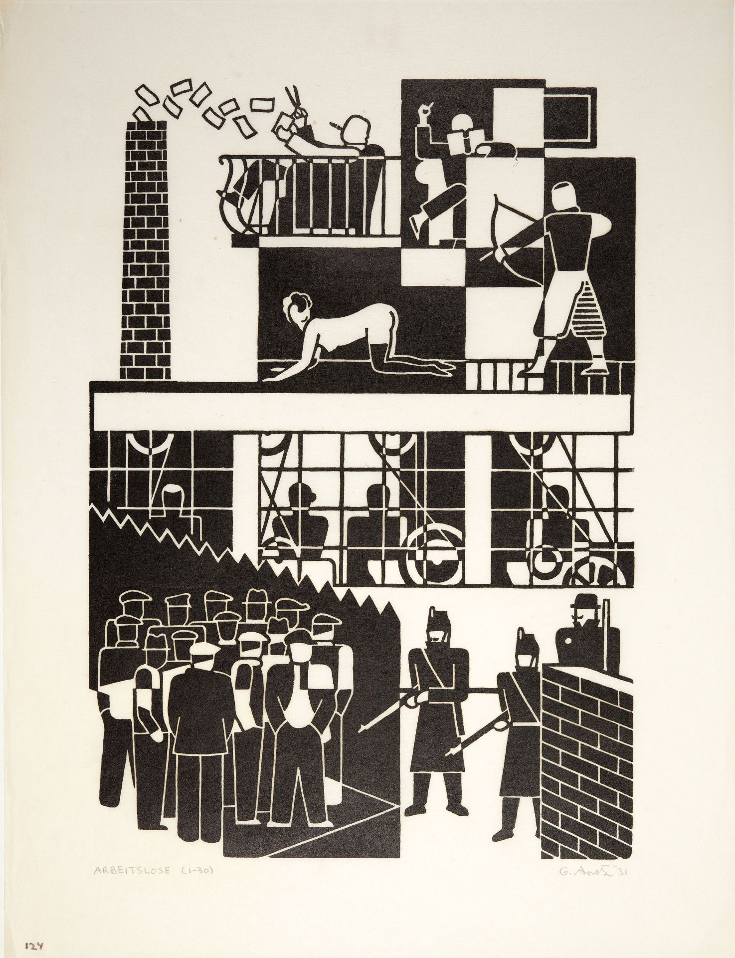 Gerd Arntz. Arbeitslose. 1931. Holzschnitt. Signiert. Einer von 30 frühen Handdrucken. Broos-Bool 12