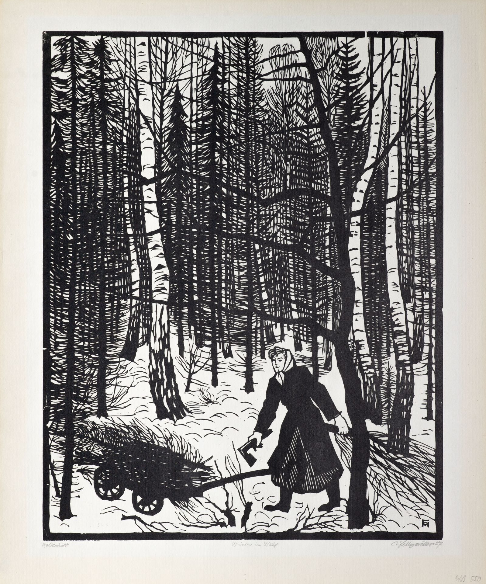 Conrad Felixmüller. Holzlese im Winterwald. 1957. Holzschnitt. Signiert. Söhn 550 b.