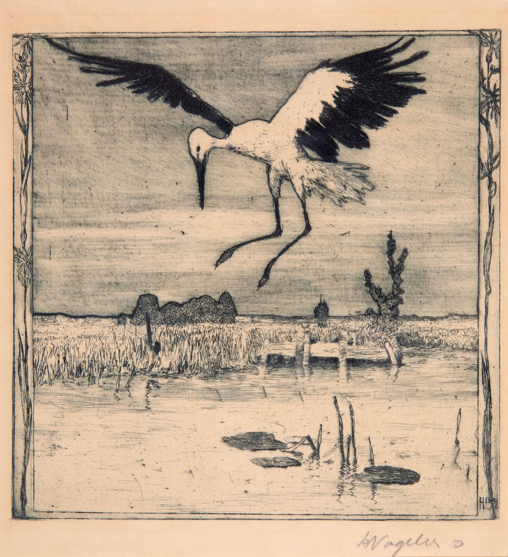 Heinrich Vogeler. Storch überm Weiher 1899 / Tod bricht Rosen, auch betitelt Liebespaar und Tod 1904 - Bild 2 aus 2