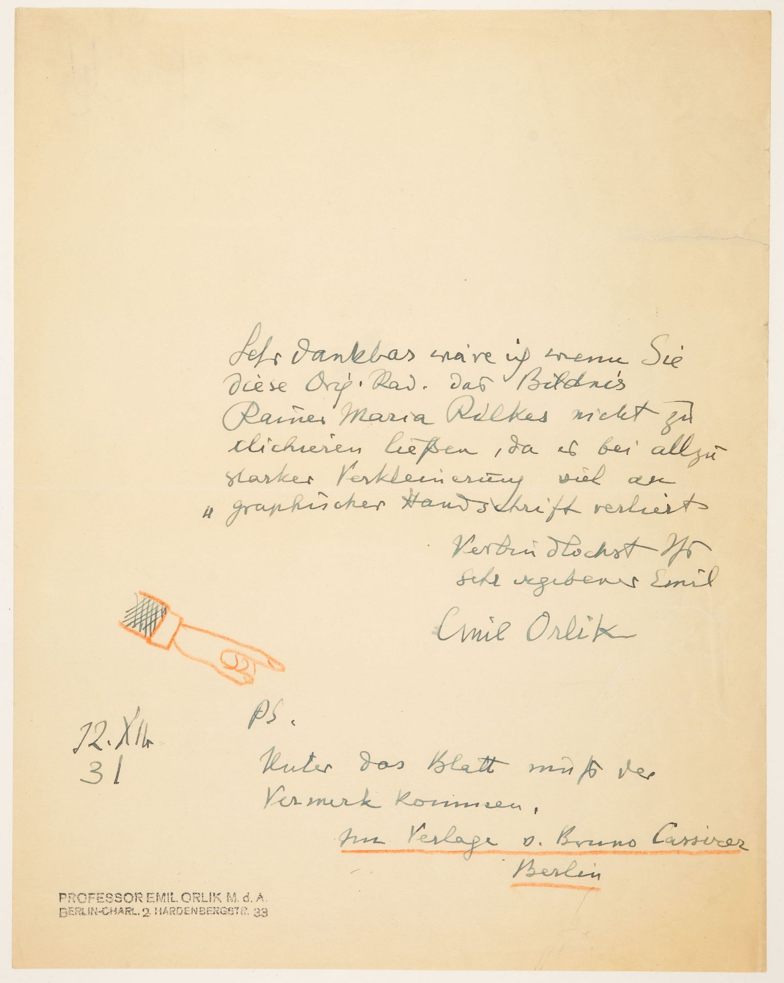 E. Orlik, E. Brief an einen Redakteur. Berlin 1931.