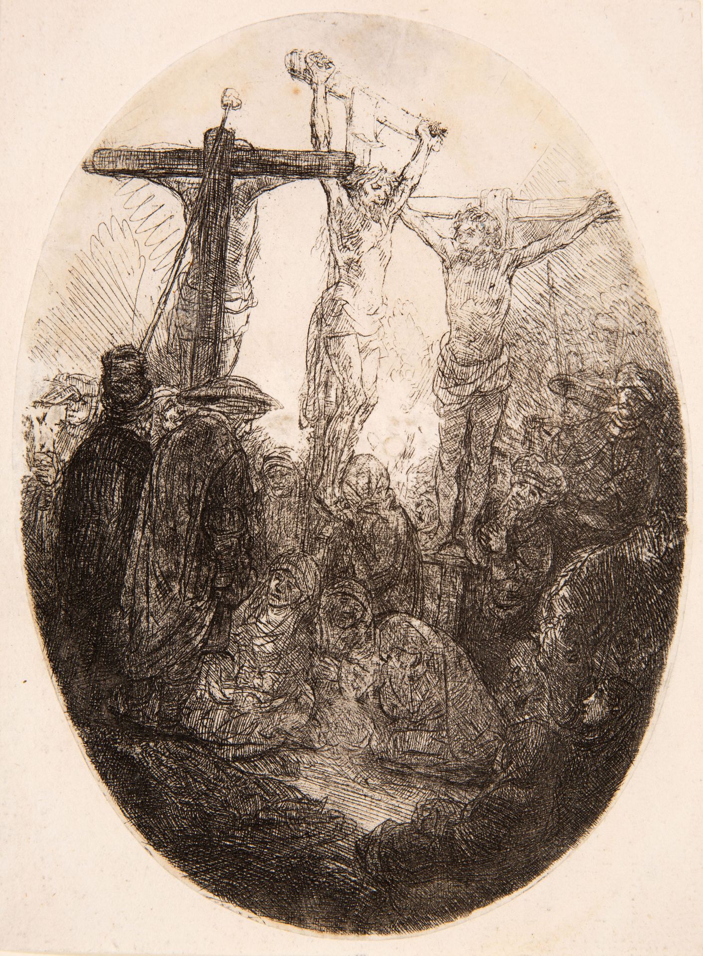 Rembrandt. Christus am Kreuz zwischen den zwei Schächern. Um 1641. Radierung. New Hollstein 196 II (