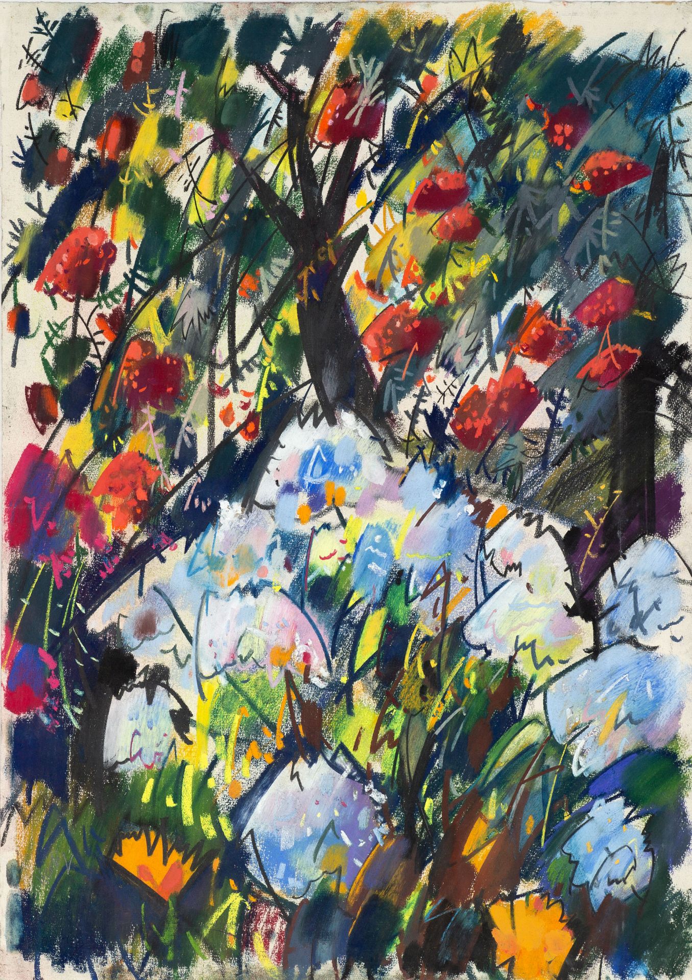 Otto Herbig. Baum hinter dem Blumenbeet. Um 1955. Pastell. Signiert.
