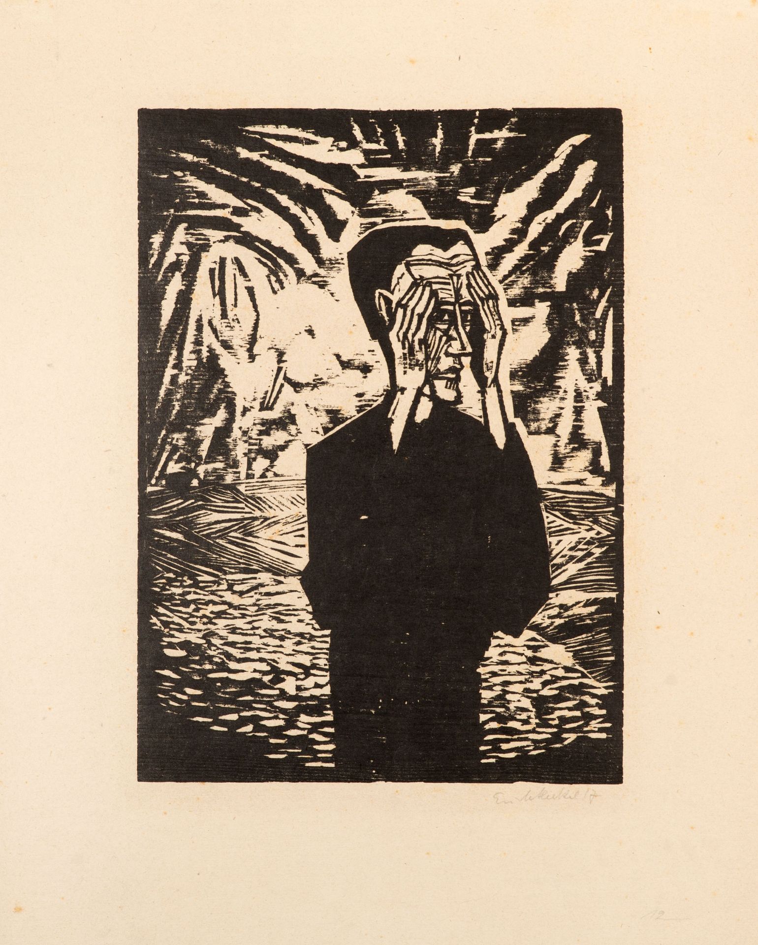 Erich Heckel. Mann in der Ebene (In der Ebene). 1917. Holzschnitt. Signiert. Ebner/Gabelmann 715 H I