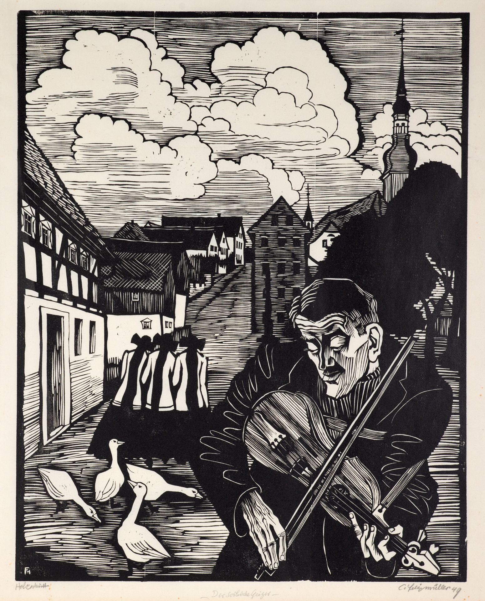 Conrad Felixmüller. Der sorbische Geiger (von Crostwitz). 1949. Holzschnitt. Signiert. Söhn 446.