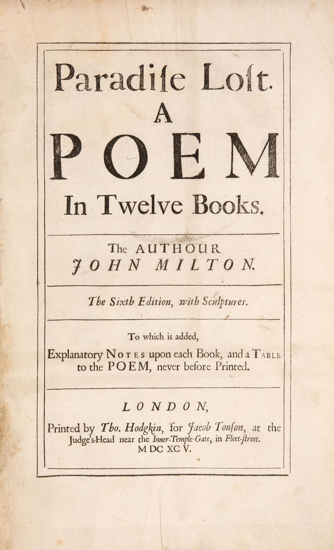 J. Milton, Paradise lost. A poem in twelve books. Ldn 1695.