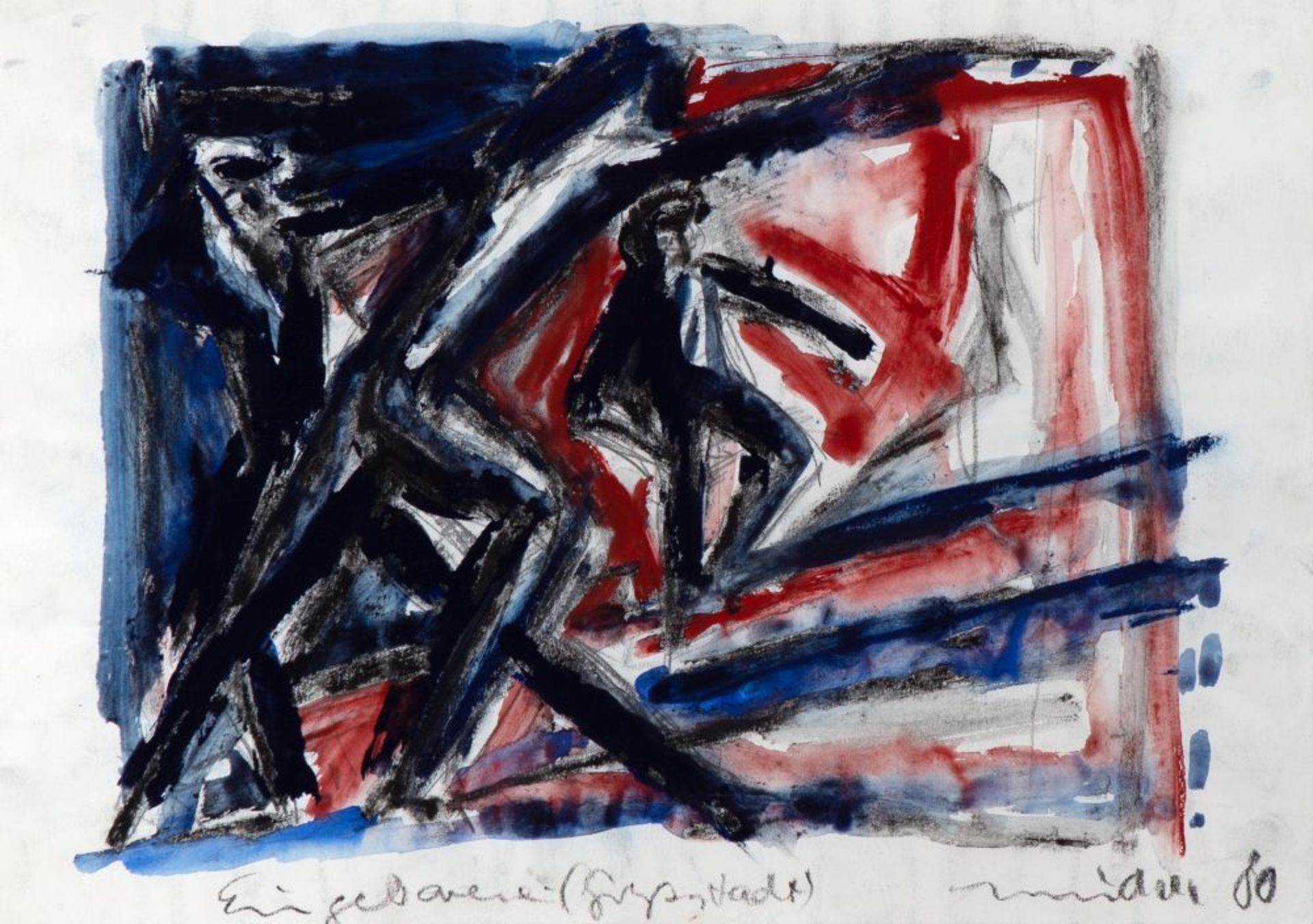 Helmut Middendorf. Eingeborene (Großstadt). 1980. Aquarell und Kohle. Signiert.