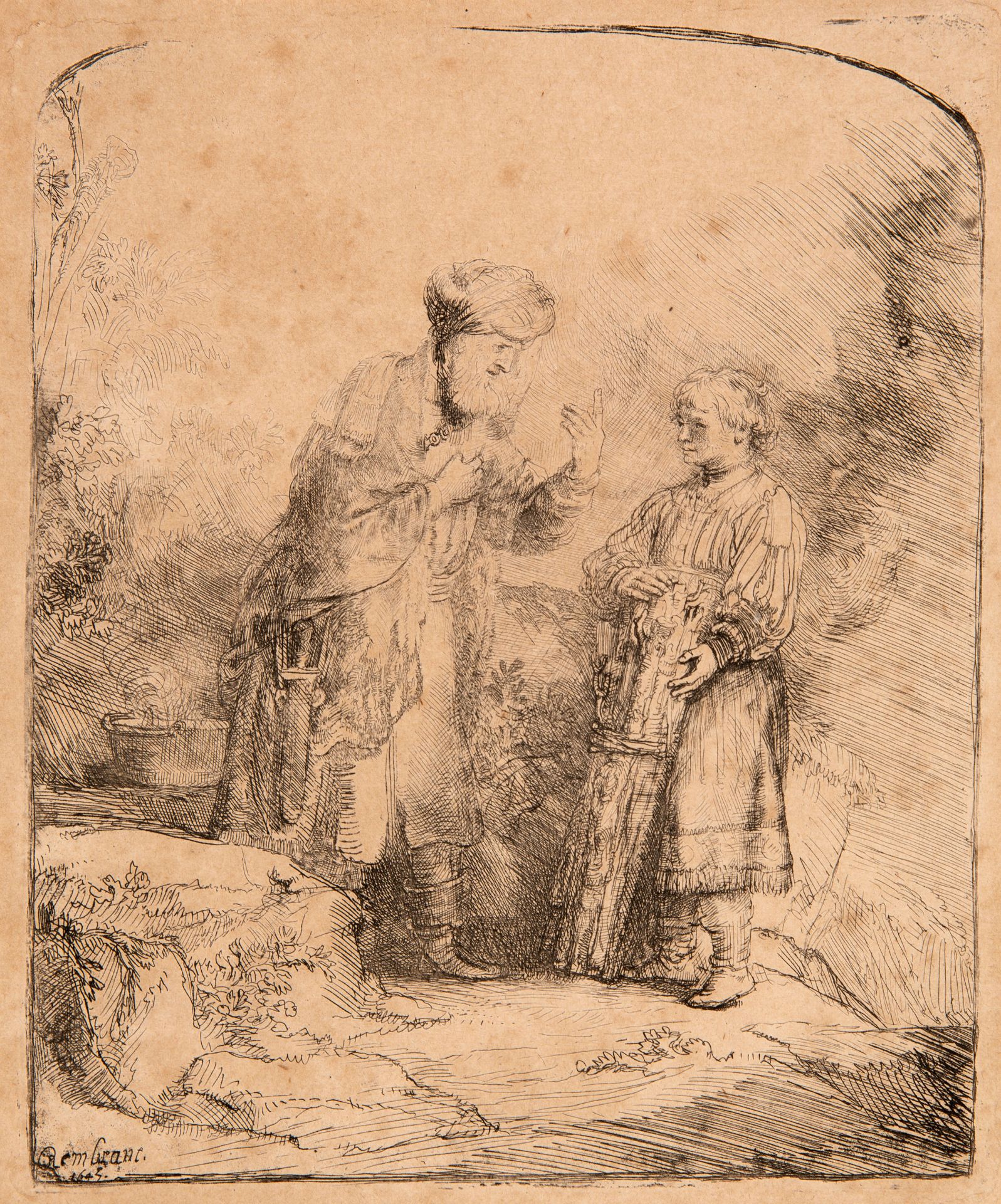 Rembrandt. Abraham und Isaak. 1645. Radierung. New Hollstein 224 I (von II), Bartsch 34.