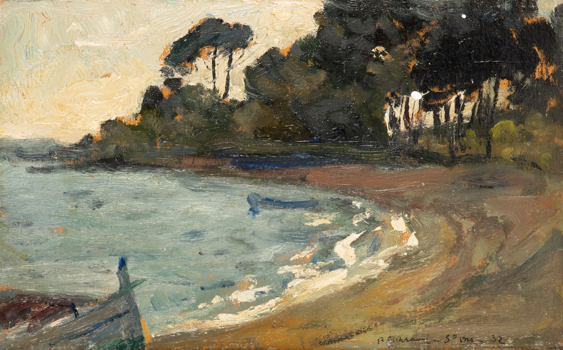 Paul Charavel. La Plage des Mures. 1932. Öl auf Holzplatte. Signiert.