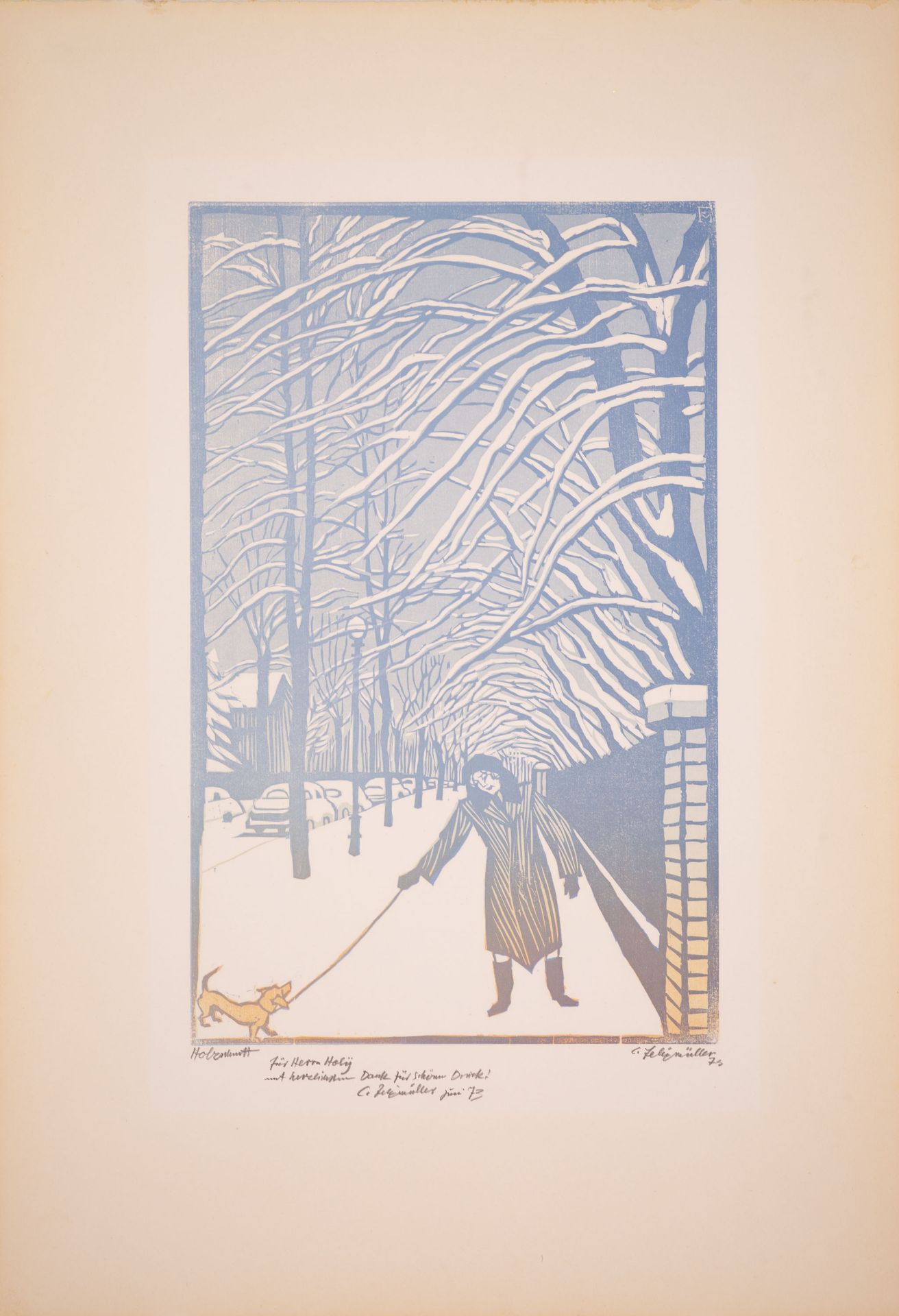 Conrad Felixmüller. Berlin-Zehlendorf, Vorortstraßen im Winter. 1973. Farbholzschnitt. Signiert. Söh