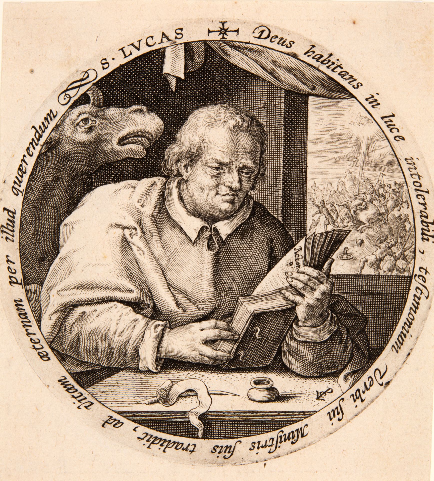 Crispijn de Passe d.Ä. Der Evangelist Lukas. Um 1620. Kupferstich. Hollstein 210.