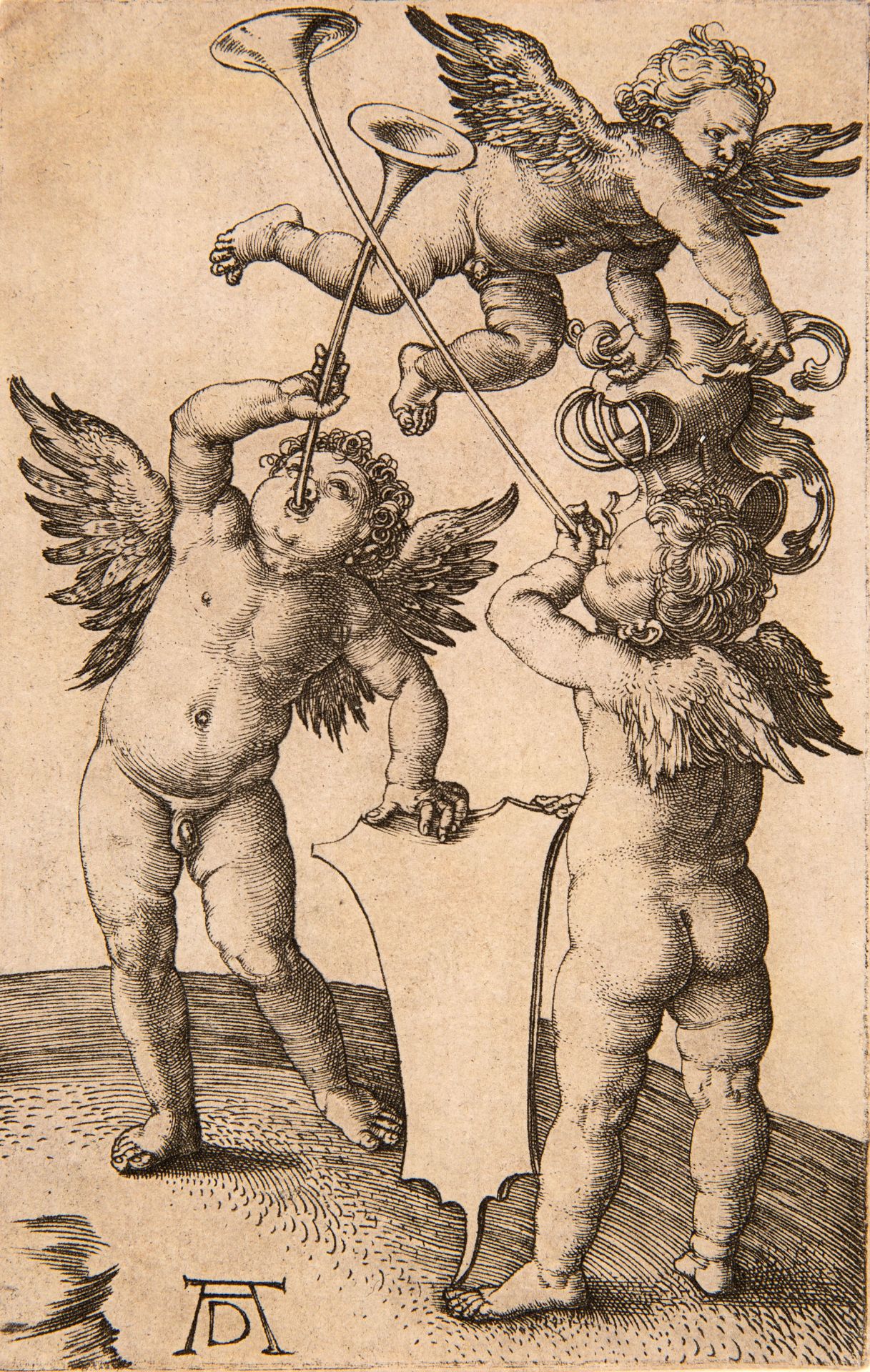 Albrecht Dürer. Drei Genien als Wappenhalter. Um 1505. Kupferstich. Meder 99, Bartsch 66.