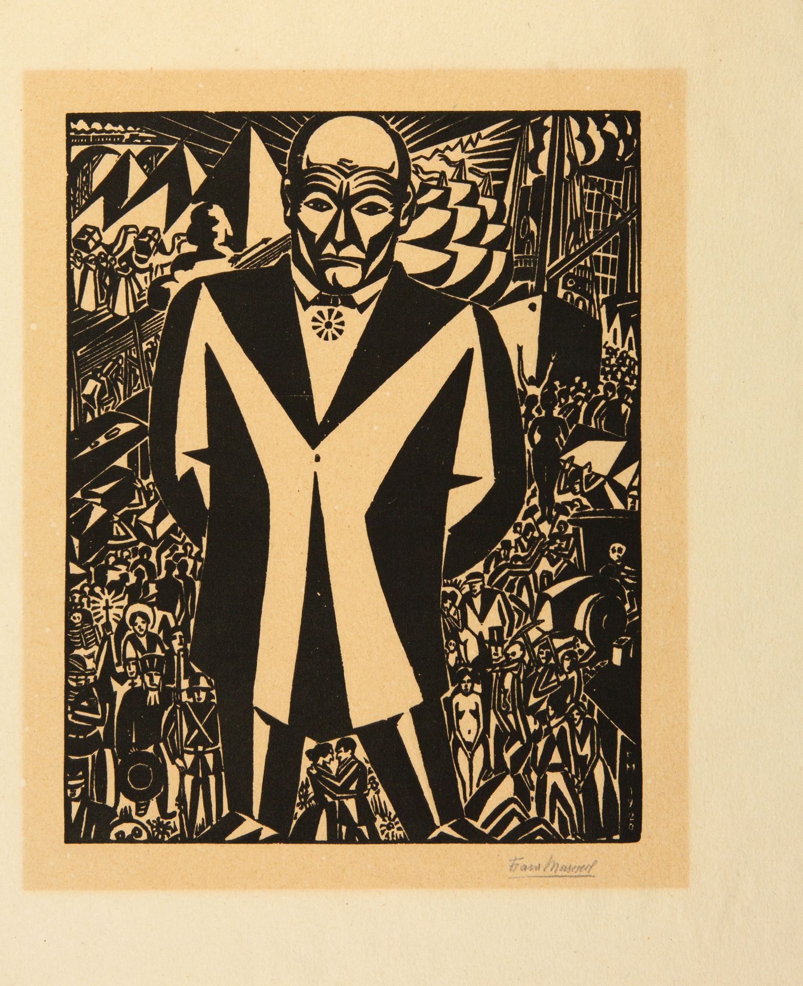 Frans Masereel. Business-Man. 1920. Holzschnitt. Signiert. Dazu 2 weitere Holzschnitte: Ohne Titel.