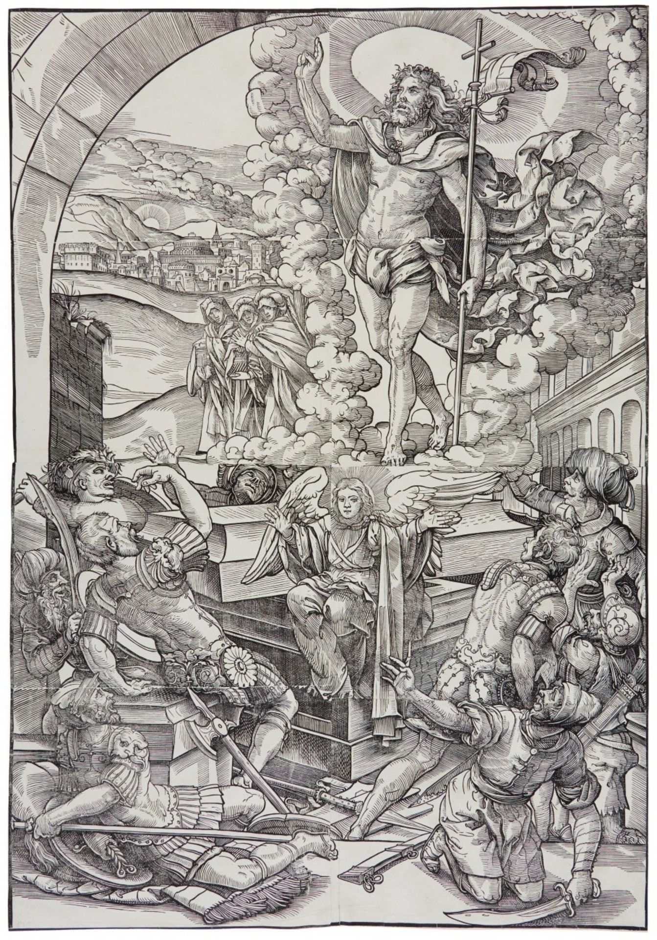 Monogrammist R nach Heinrich Vogtherr d.J. Auferstehung Christi. Holzschnitt von 8 Platten.
