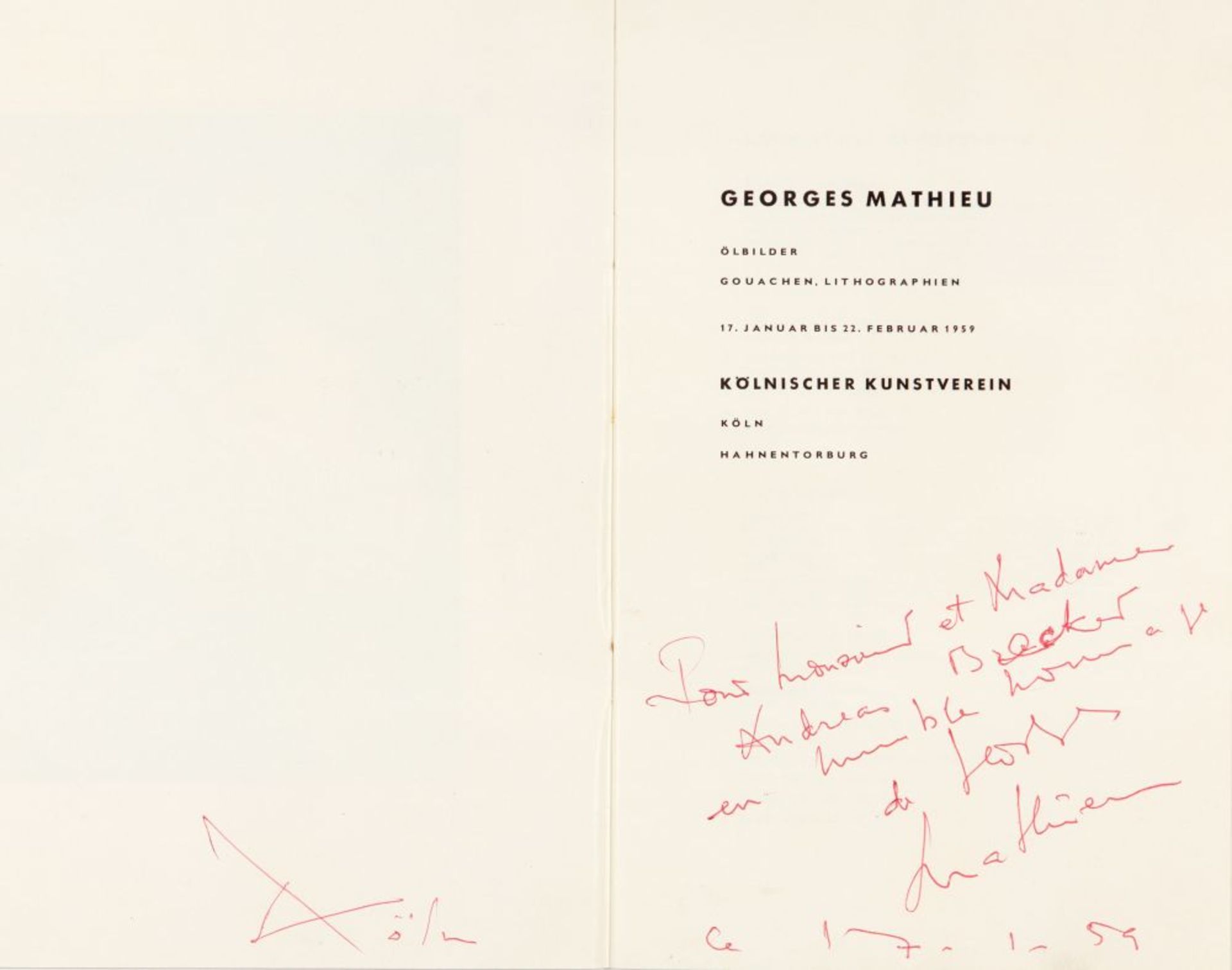 Georges Mathieu. Ausstellungskatalog mit Kugelschreiberzeichnung. 1959. Signiert. - Bild 2 aus 4