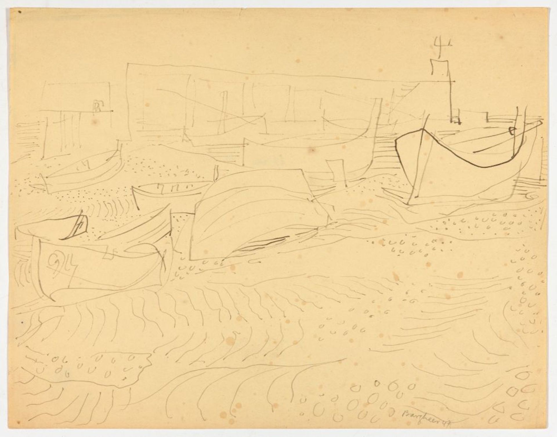 Eduard Bargheer. Boote, Forio d'Ischia / Ohne Titel (Boote). 1947. 2 Blatt Tusche. Jeweils signiert. - Image 2 of 2