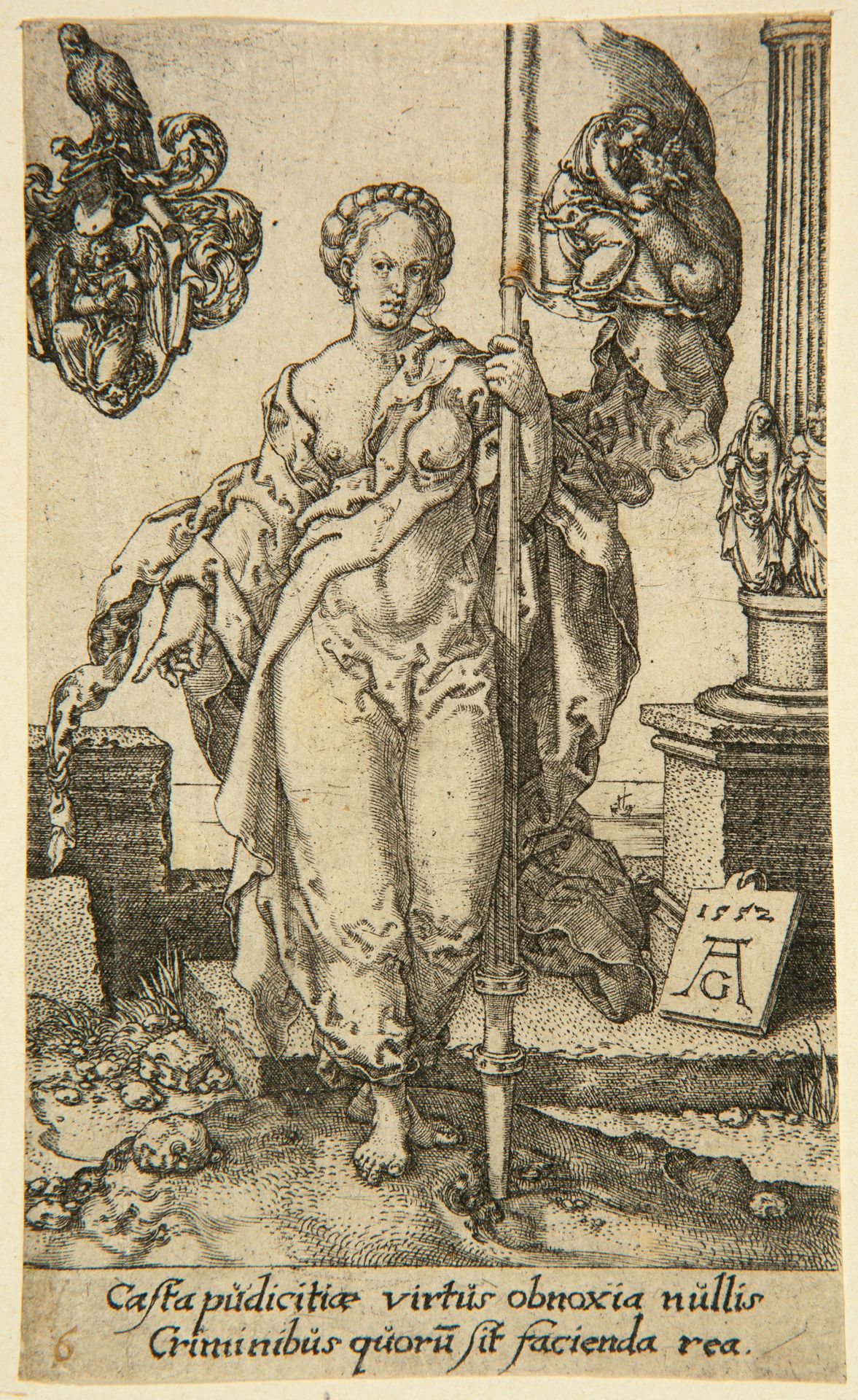 Heinrich Aldegrever. Die Keuschheit. 1552. Kupferstich aus einer Folge der Tugenden. New Hollstein 1