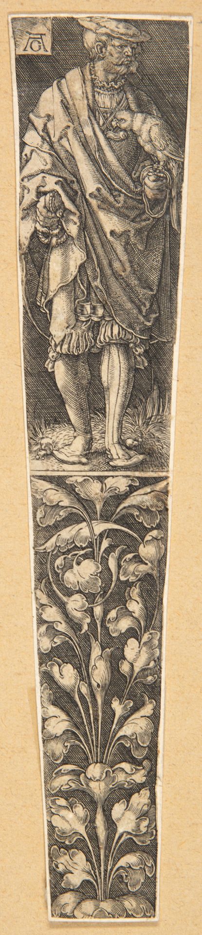 Heinrich Aldegrever. Dolchscheide mit einem Edelherren mit Papagei. Dazu der obere Teil nochmal. Kup - Bild 2 aus 2