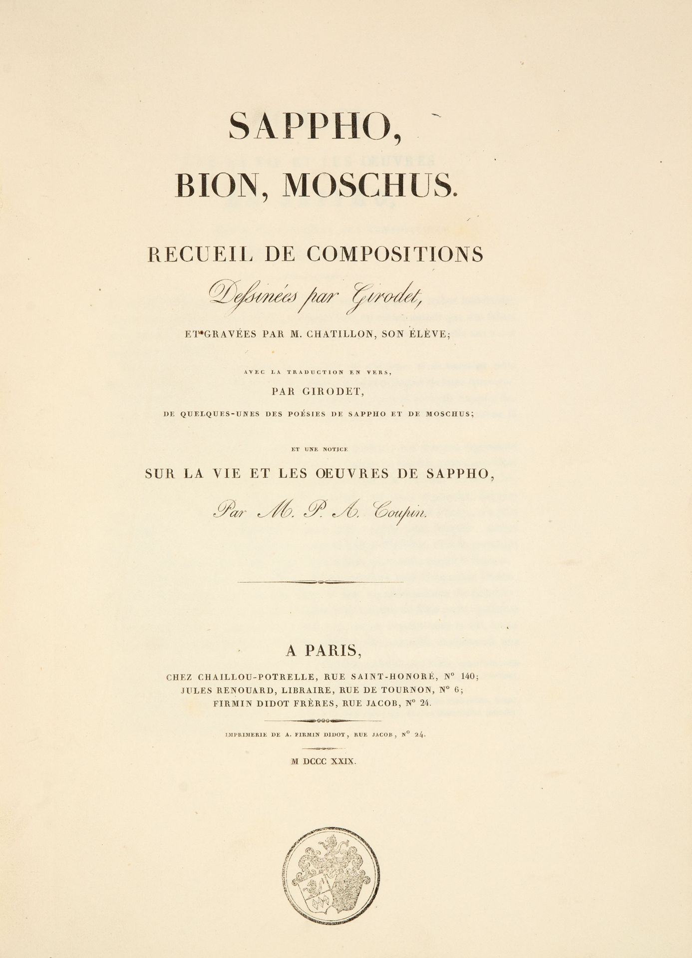 A. L. Girodet-Trioson, Sappho, Bion, Moschus. Paris 1829.