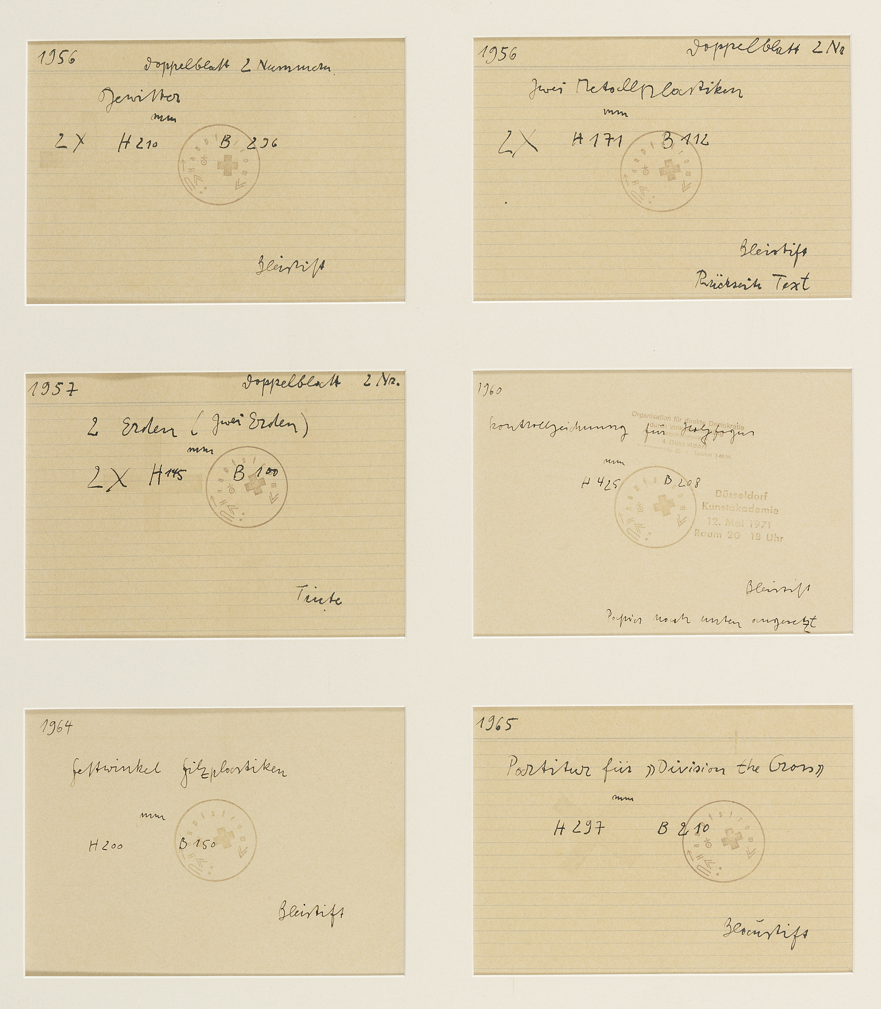 Joseph Beuys, Karteikarten. 6 Karteikarten, beschriftet.