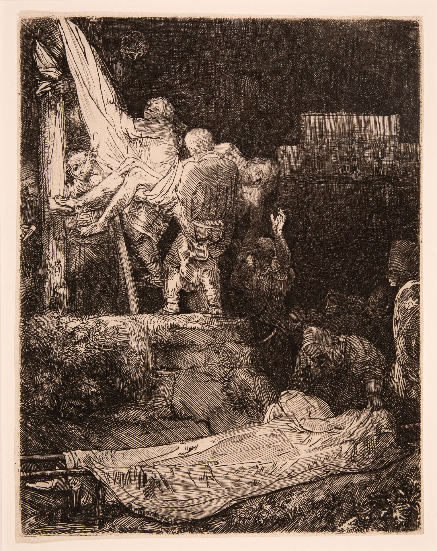 Rembrandt. Die Kreuzabnahme bei Fackelschein. 1654. Radierung. New Hollstein 286 III/IV.
