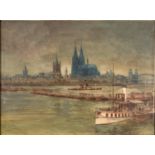 Carl Rüdell. Dampfschiff vor Köln. 1911. Aquarell und Deckweiß. Signiert.