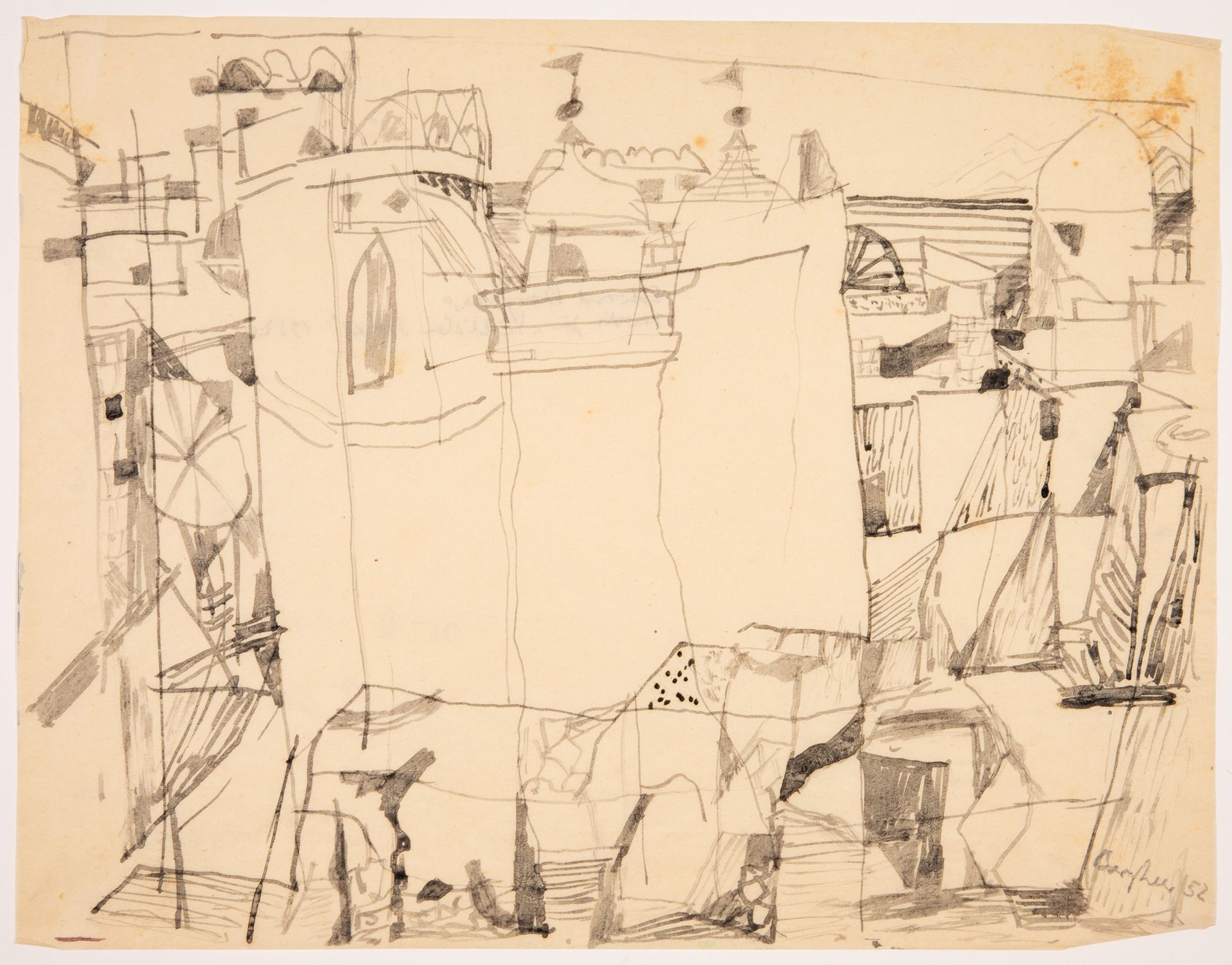 Eduard Bargheer. Studie zur "südlichen Stadt". 1952 / Ohne Titel (Stadtansicht). 1949. 2 Blatt Tusch