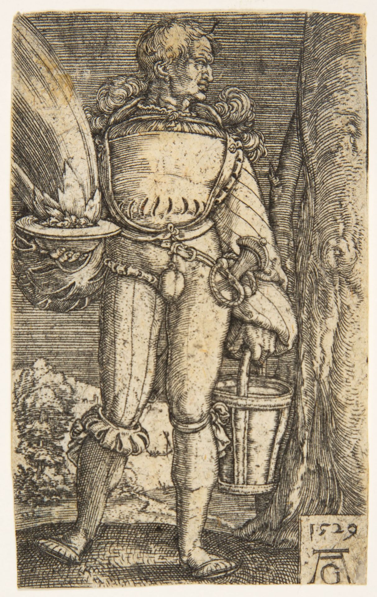 Heinrich Aldegrever. Fußsoldat mit Feuerschale und Eimer. 1529. Kupferstich. New Hollstein 174.