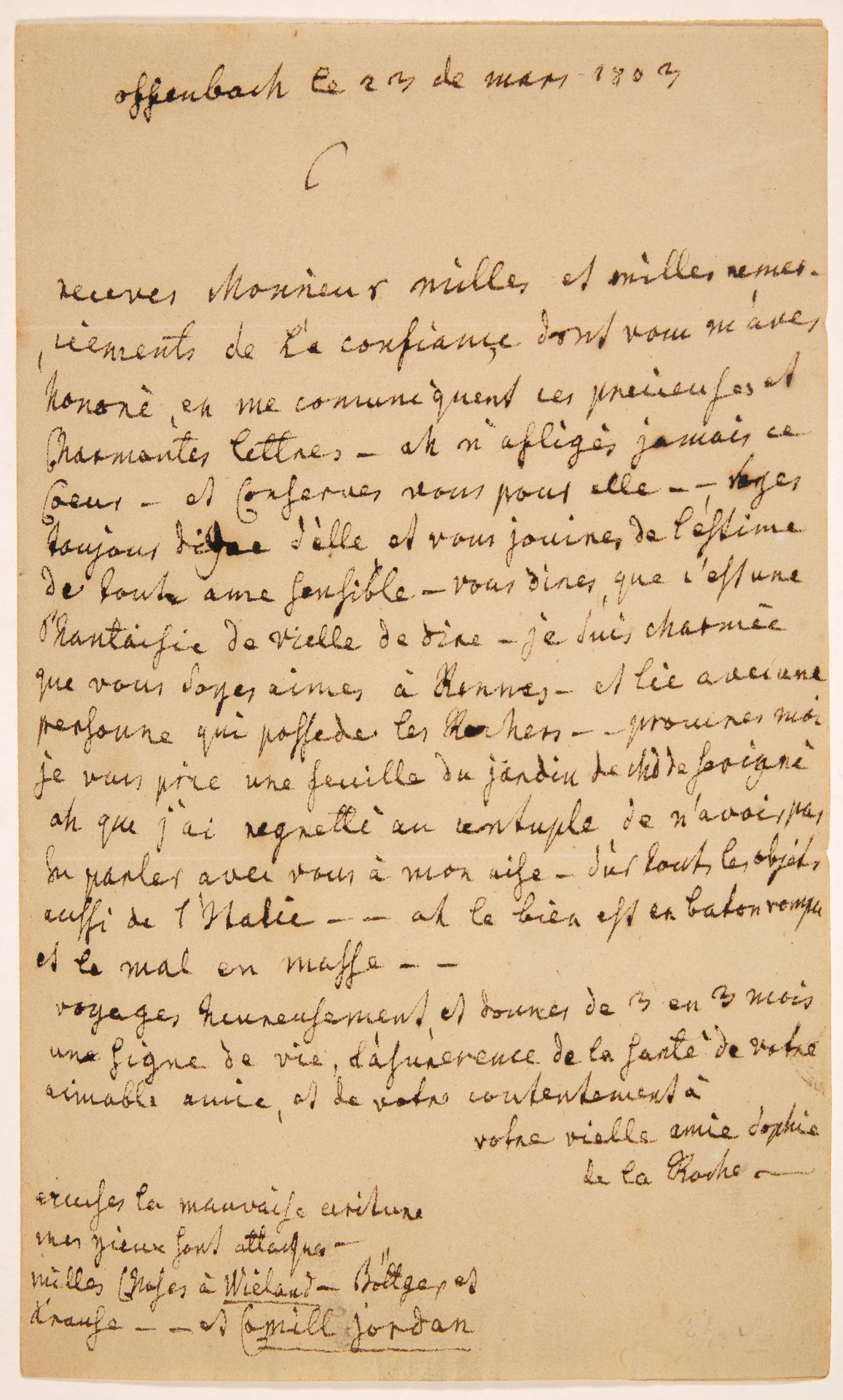 S. v. La Roche. E. Brief m. U.; Offenbach, 23.3.1803. - Wohl an den franz. Staatsmann C. E. Philippe