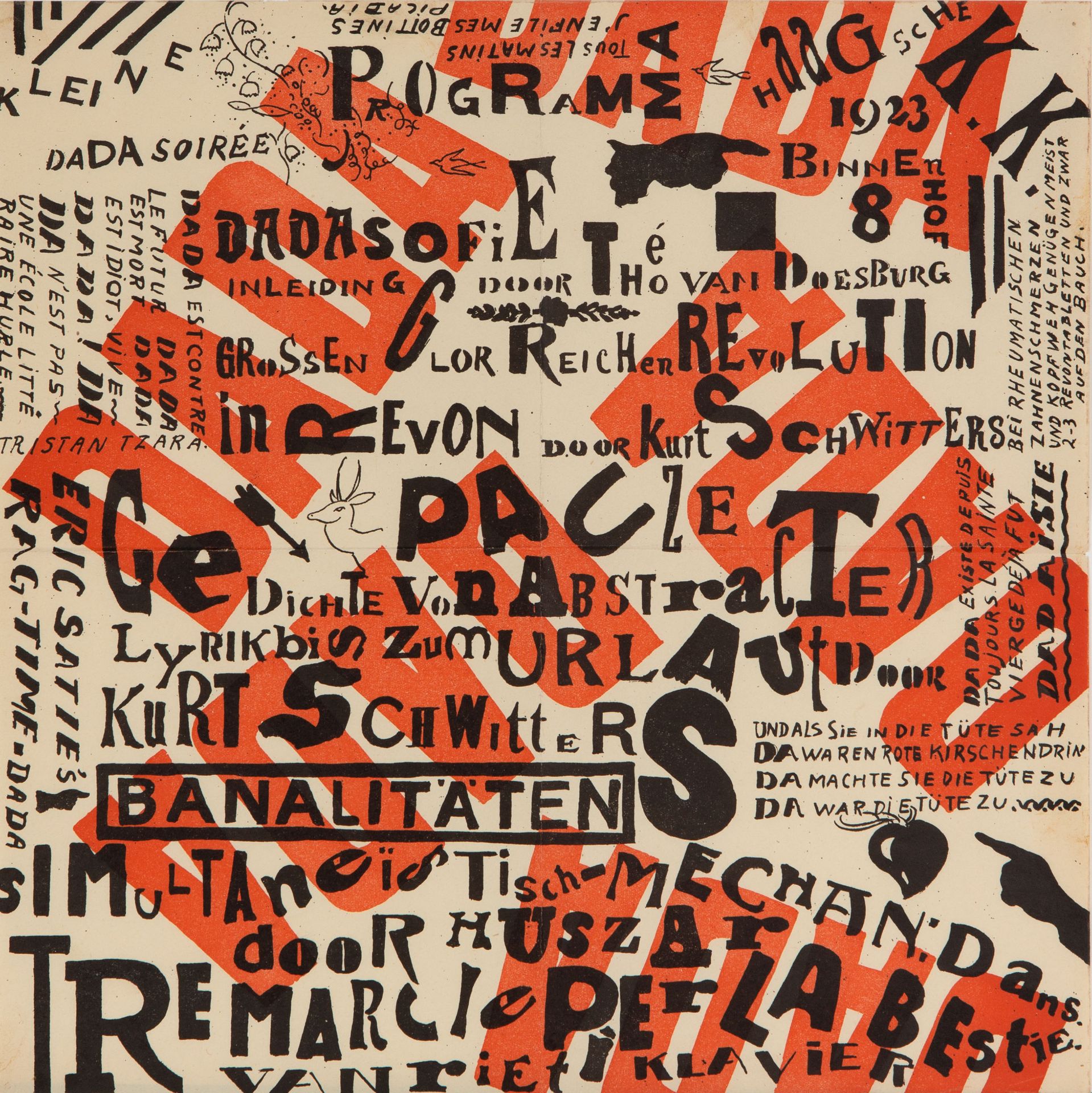 K. Schwitters u. T. van Doesburg. Kleine Dada Soirée [10. Jan.]1923. Programm-Plakat. Farbige Lithog