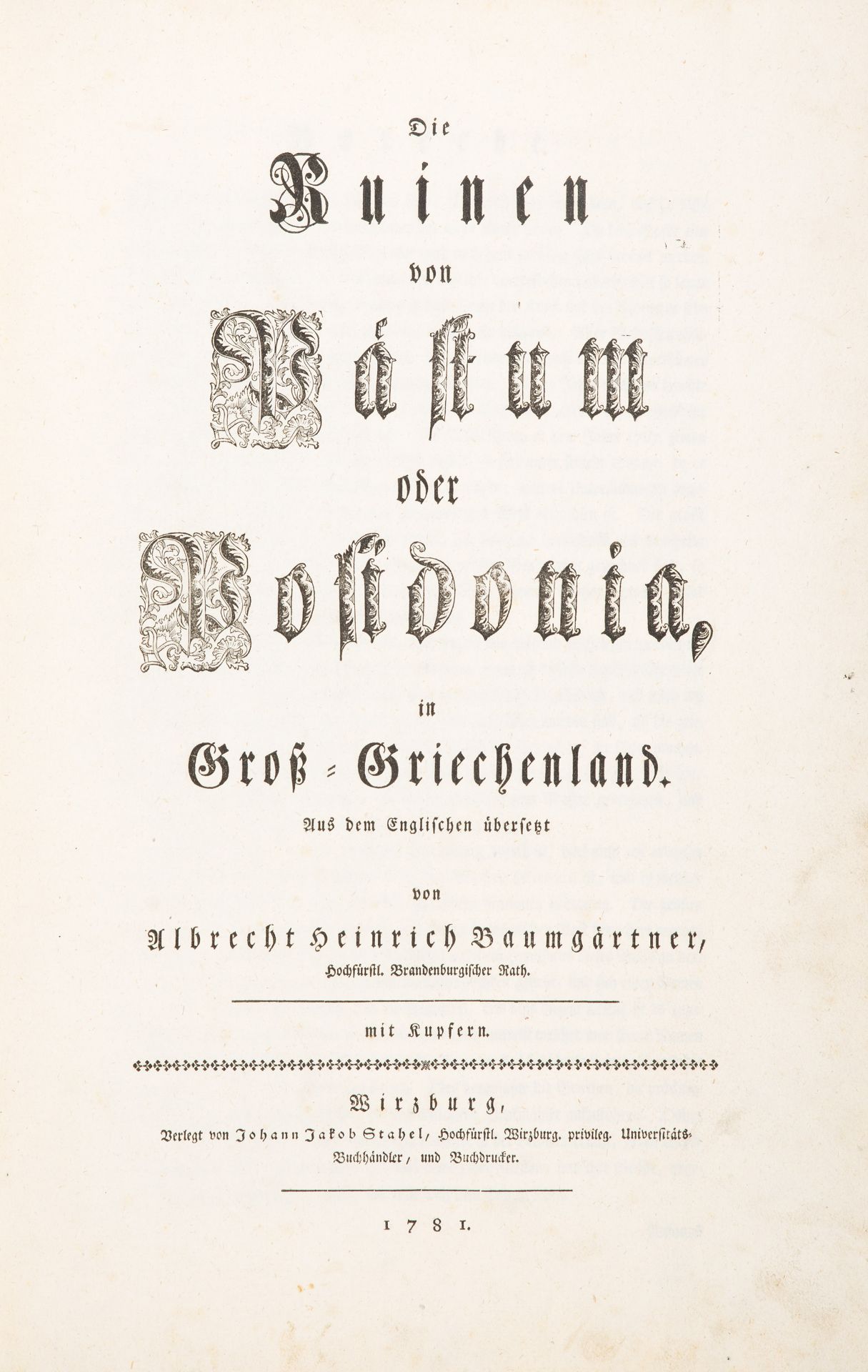 T. Major, Die Ruinen von Paestum. Übers. v. A. H. Baumgärtner. Würzburg 1781.