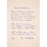 E. Kästner. 1 Dankesgedicht, 1 Postkarte u. 1 Solo-Autogramm m. Begleitschreiben v. L. Enderle-Kästn