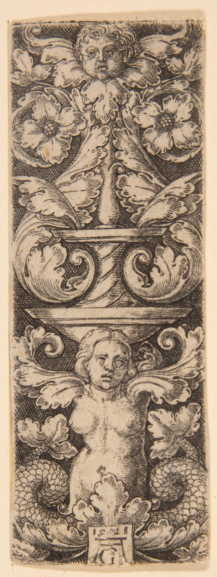 Heinrich Aldegrever. Kandelaber mit Kinderkopf oben und einer Frau mit zwei Fischschwänzen unten. 15