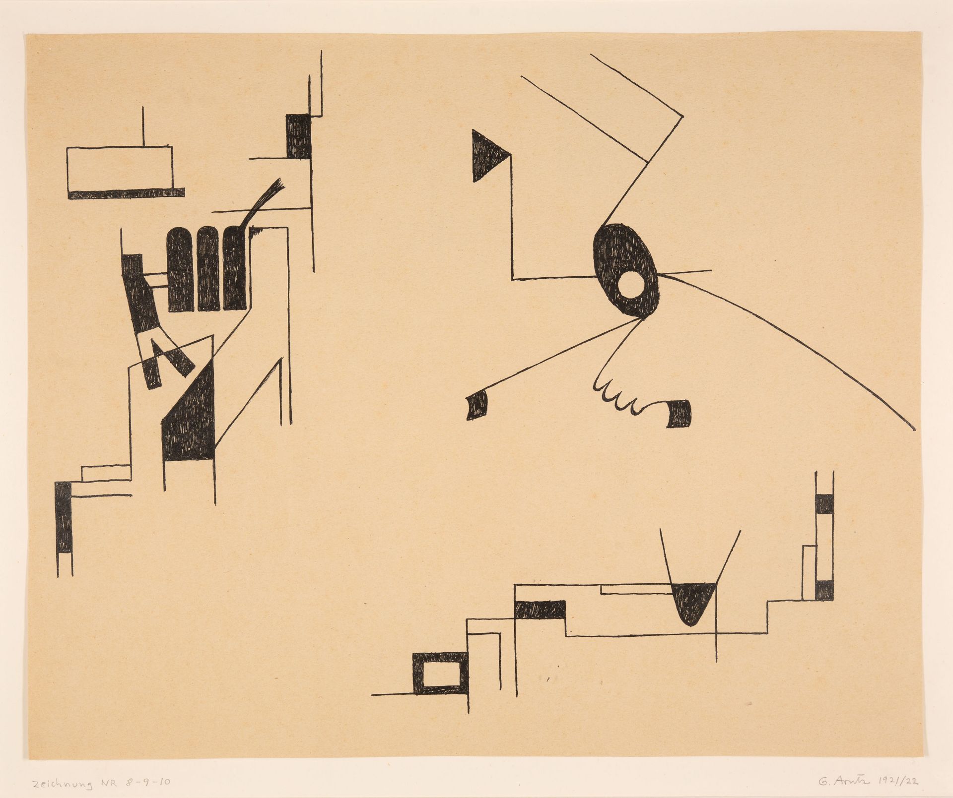 Gerd Arntz. Zeichnung Nr. 8-9-10. 1921/22. Federzeichnung, beidseitig. Signiert und bezeichnet.