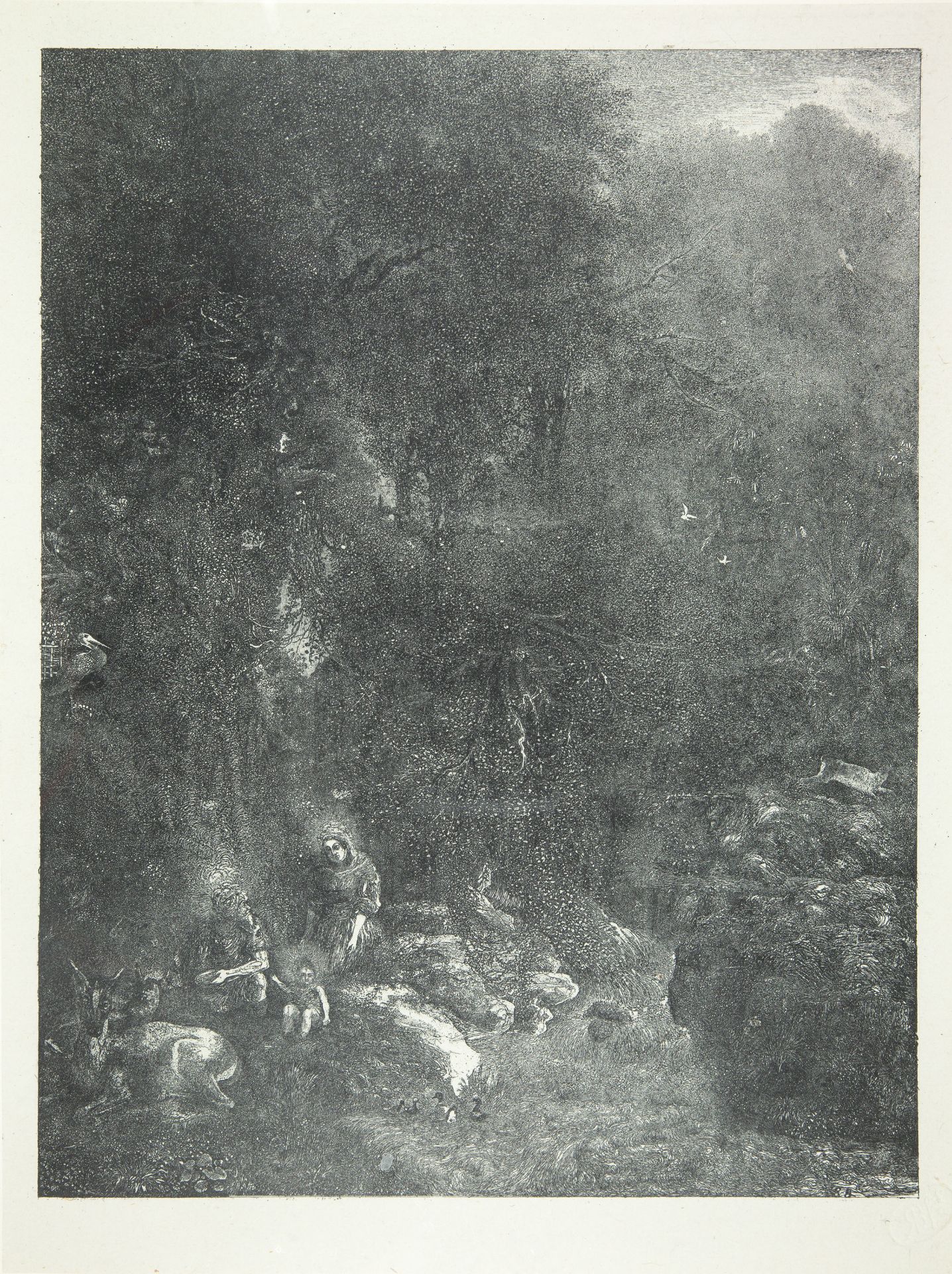 Rodolphe Bresdin. La sainte famille aux cerfs. 1871. Lithographie.