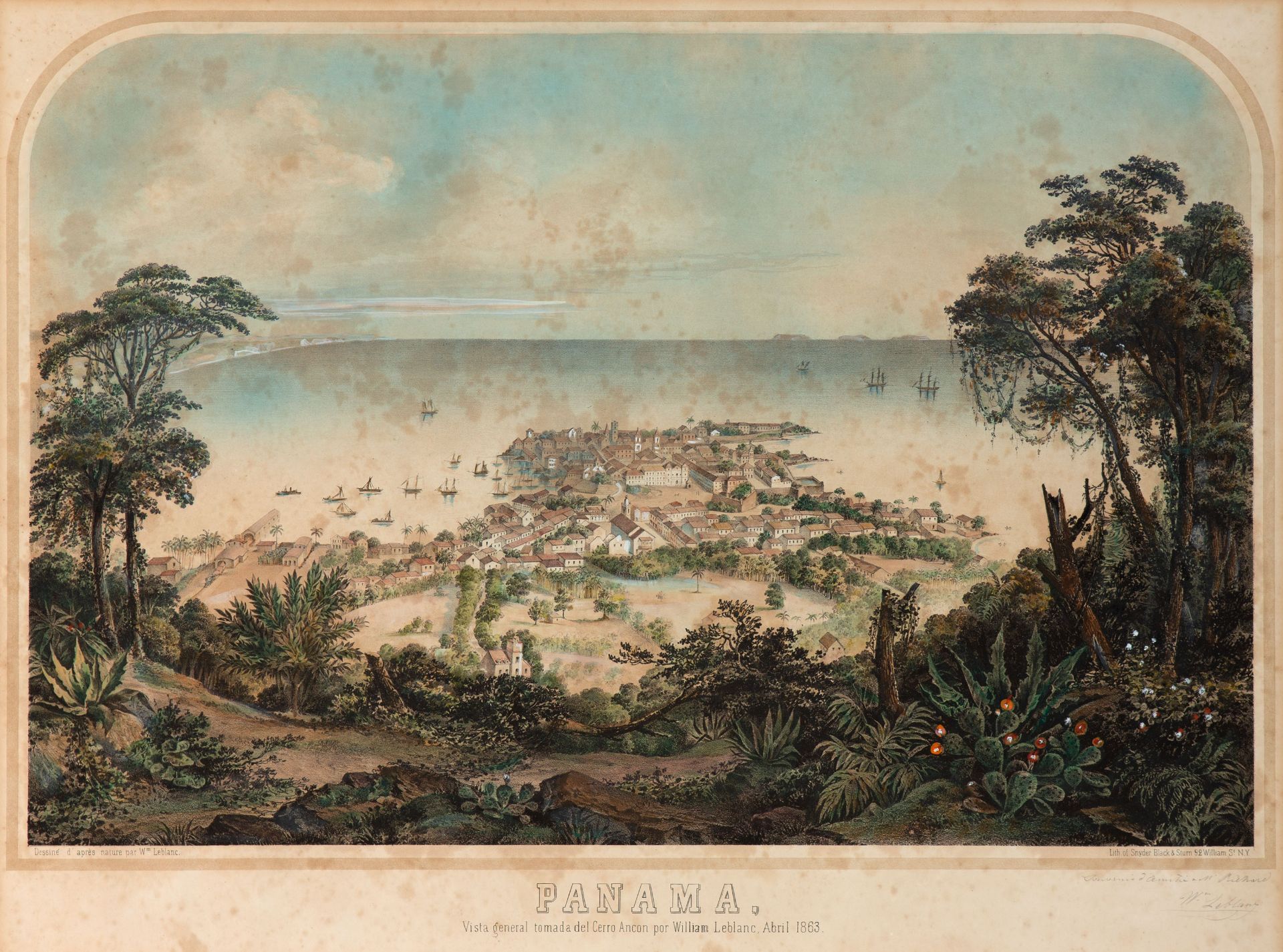 Ansicht von Panama. 1863. Kolorierte Lithographie v. William Leblanc.