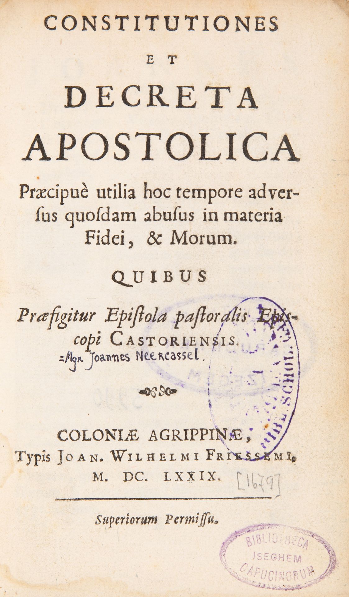 J. B. van Neercassel, Constitutiones, et decreta apostolica praecipuè. Köln 1679.