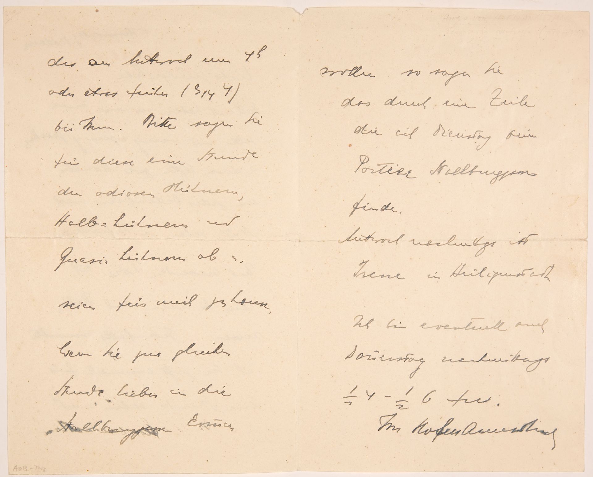H. v. Hofmannsthal. E. Brief m. U.; Rodaun, o. Dat. - An eine „liebe gnädige Frau“.