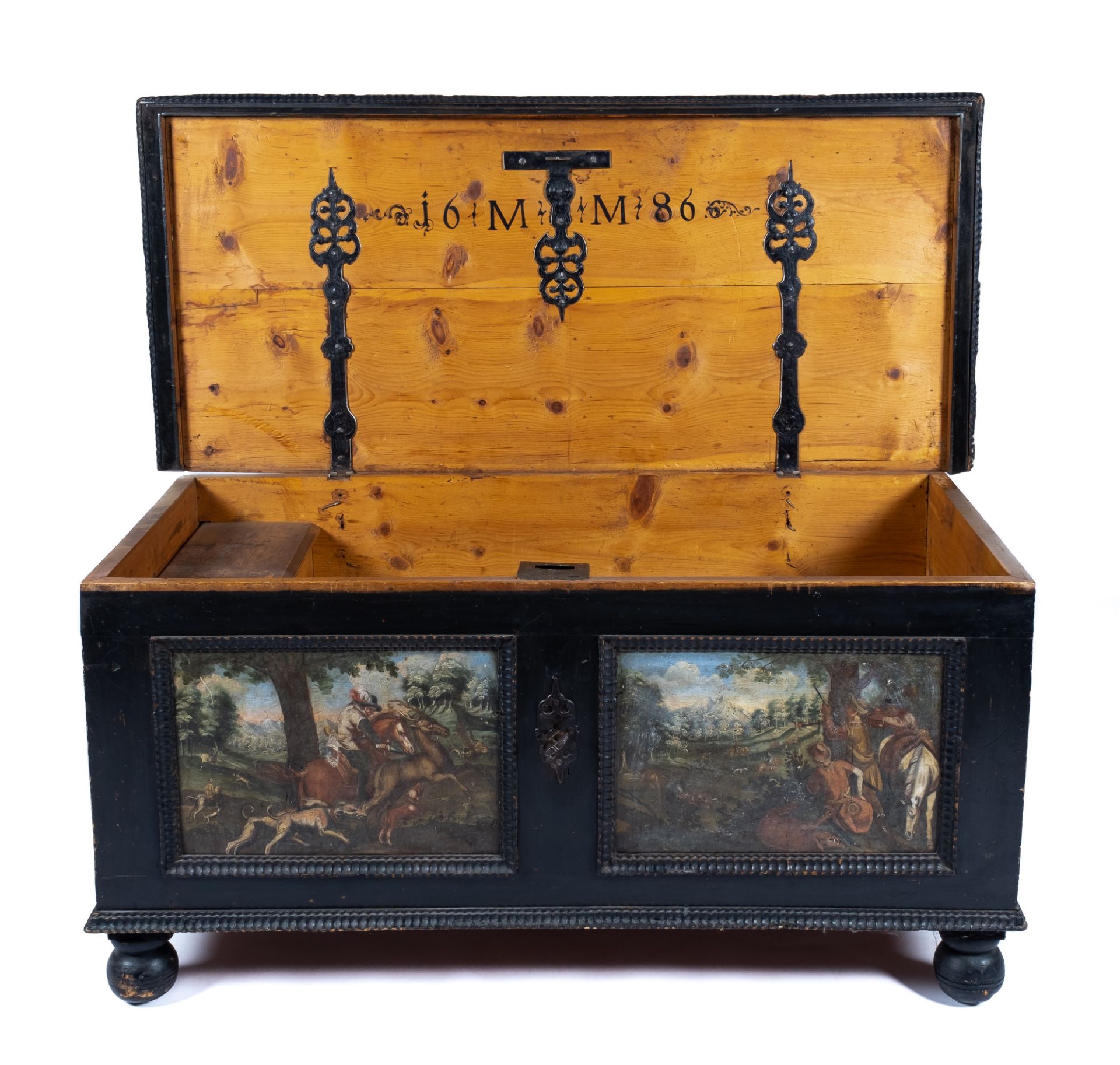 A South-German polychrome painted and ebonised chest - Image 4 of 9