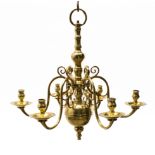 A Dutch brass six-light chandelier