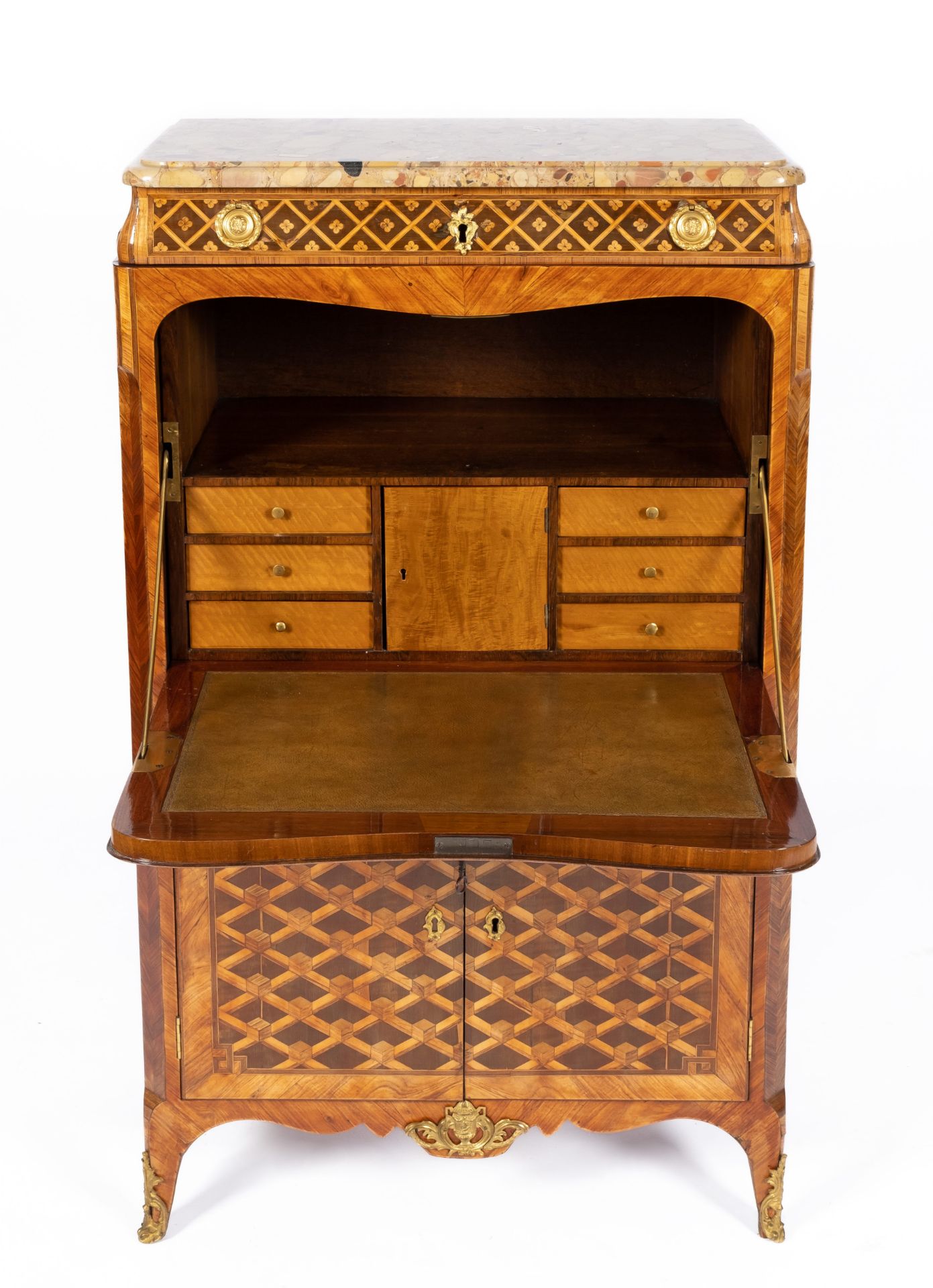 A Dutch ormolu-mounted rosewood, sycamore, satinwood and amaranth parquetry secrétaire à abattant - Image 3 of 4