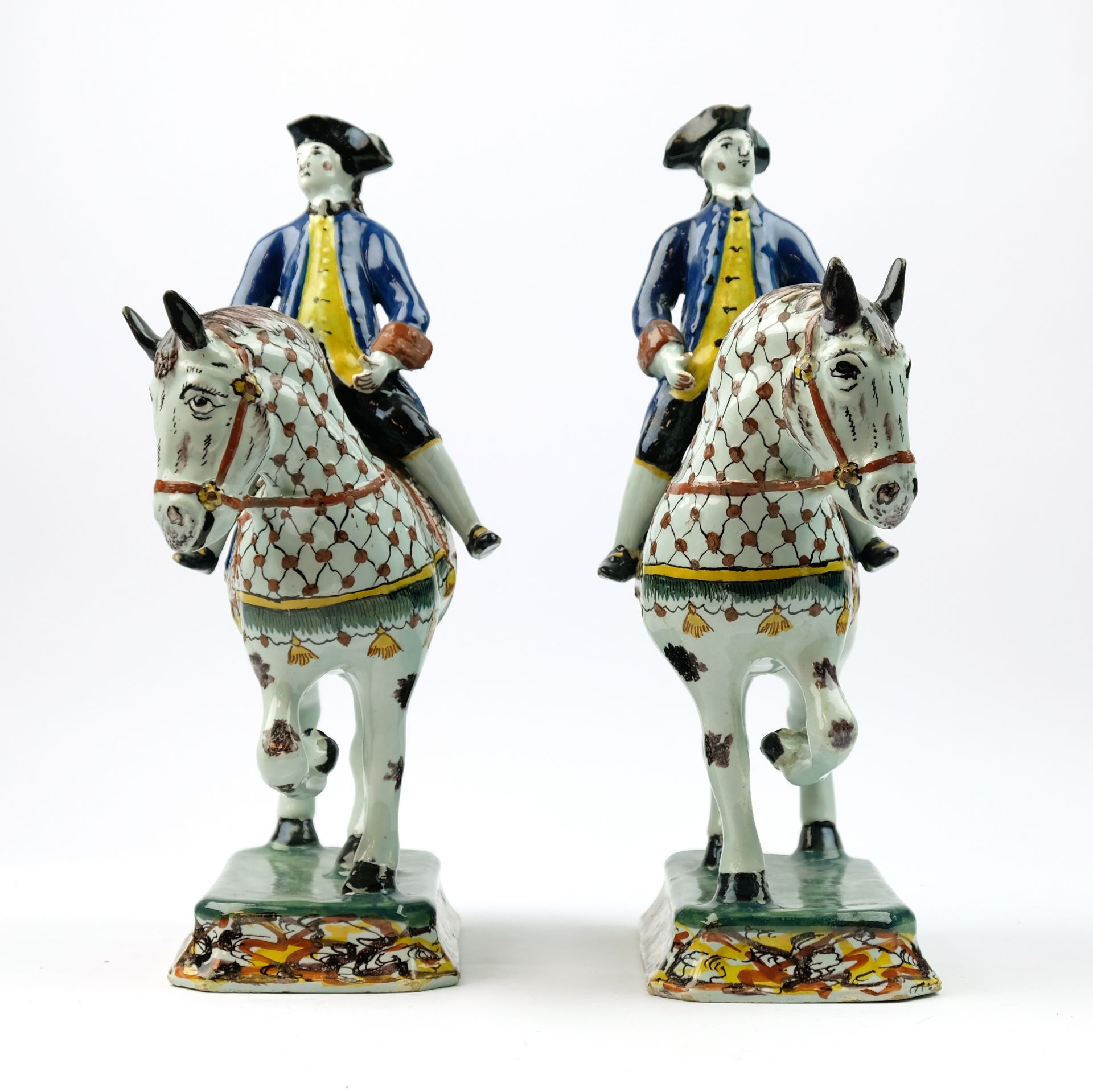 A pair of Delft polychrome pottery horse riders - Image 4 of 8