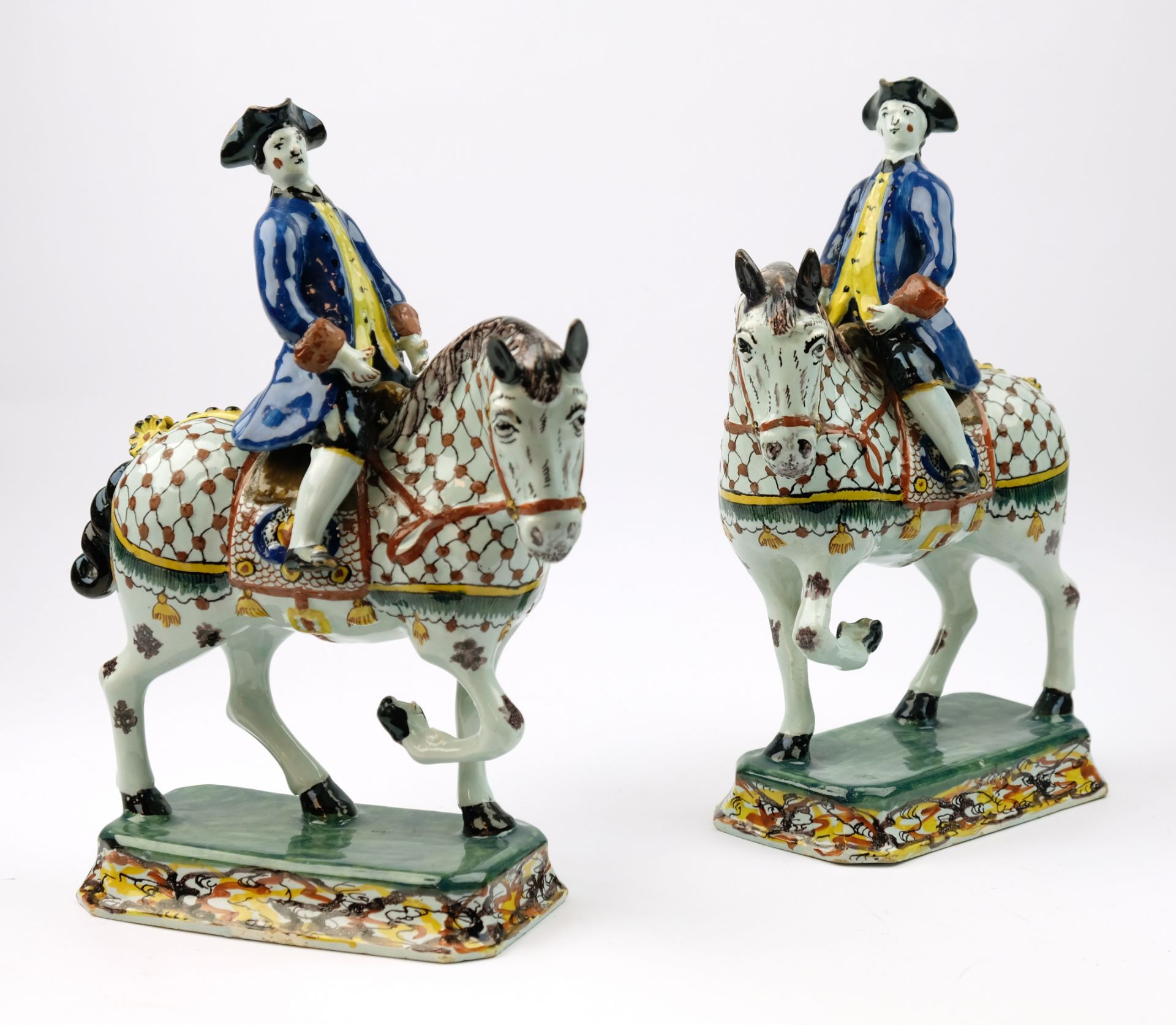 A pair of Delft polychrome pottery horse riders - Image 8 of 8