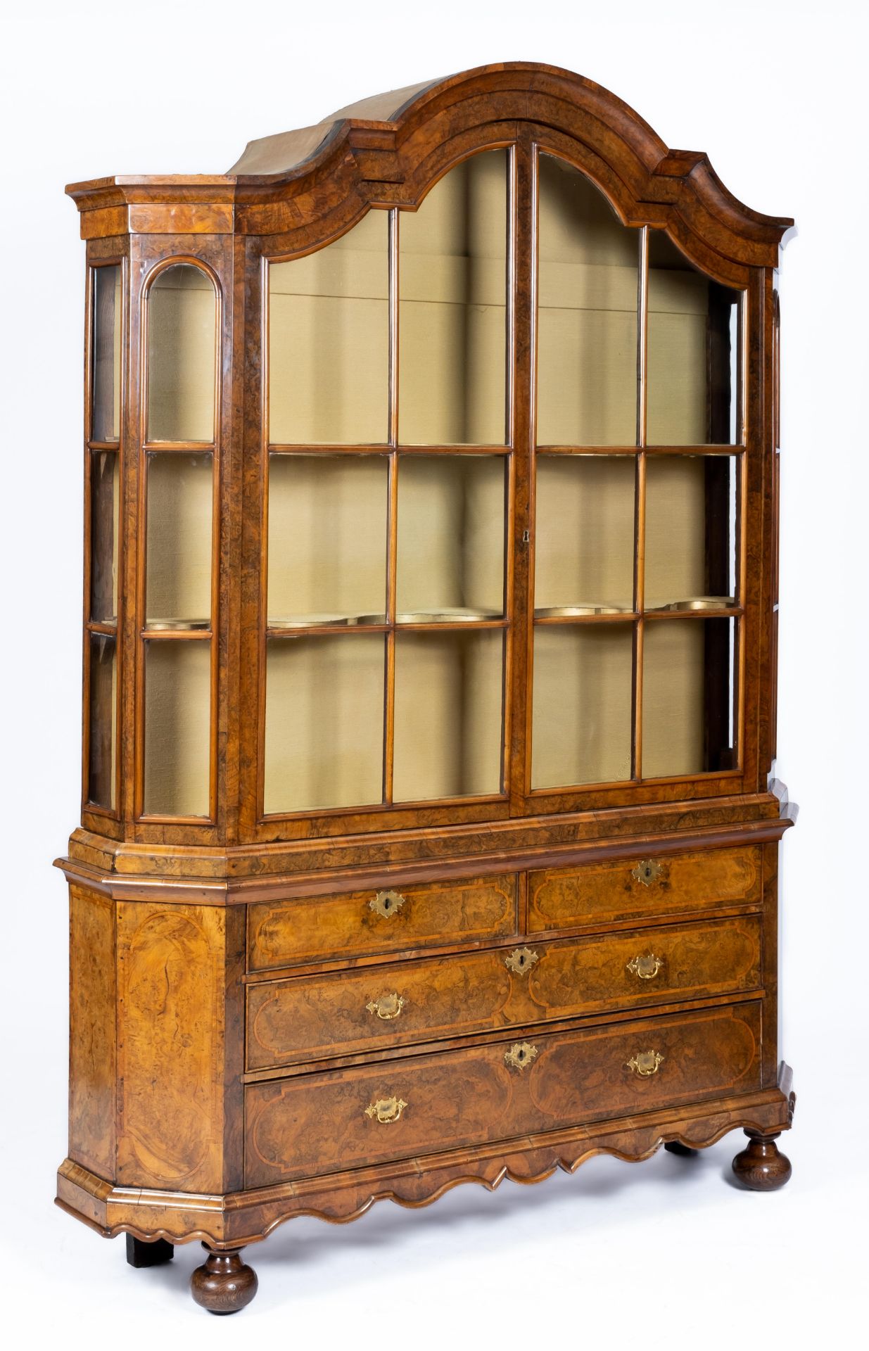 A Dutch brass-mounted figured walnut and elm inlaid display cabinet - Image 2 of 3