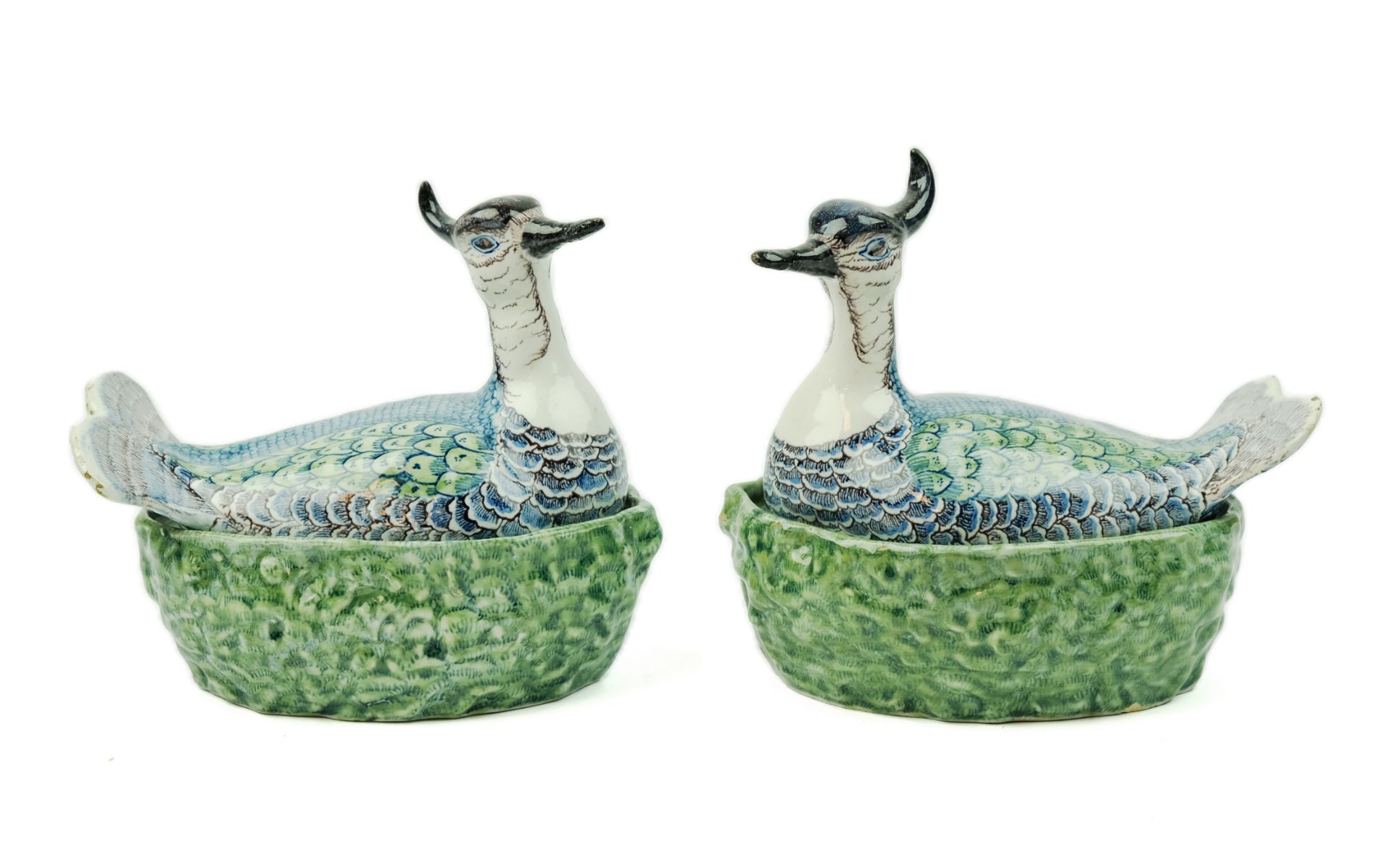 A pair of Delft polychrome pottery lapwing covered dishes - Image 2 of 7